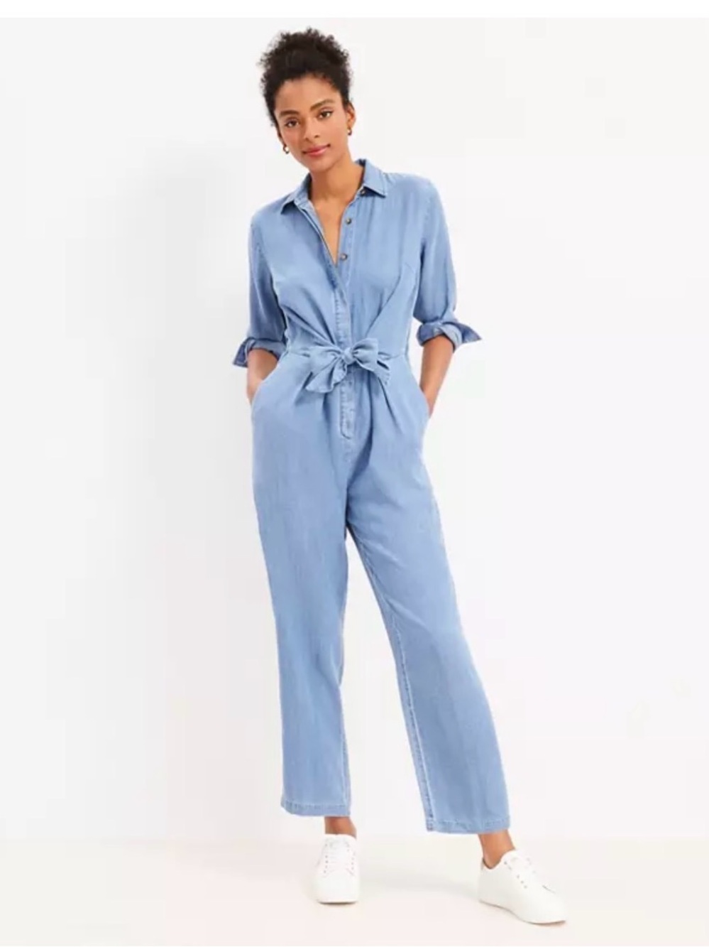 LOFT Chambray Tie Front Jumpsuit Size 16 NWT Blue Wide Leg